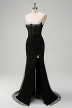 Glitter Royal Blue Spaghetti Straps Beaded Mermaid Long Corset Prom Dress with Slit
