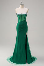 Glitter Royal Blue Spaghetti Straps Beaded Mermaid Long Corset Prom Dress with Slit