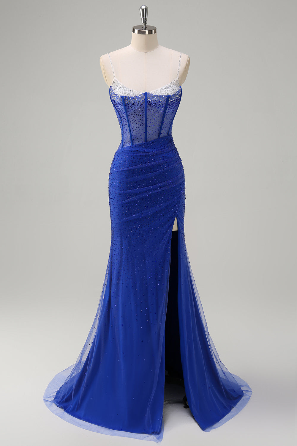 Glitter Royal Blue Spaghetti Straps Beaded Mermaid Long Corset Prom Dress with Slit