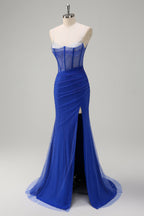 Glitter Royal Blue Spaghetti Straps Beaded Mermaid Long Corset Prom Dress with Slit
