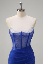 Glitter Royal Blue Spaghetti Straps Beaded Mermaid Long Corset Prom Dress with Slit