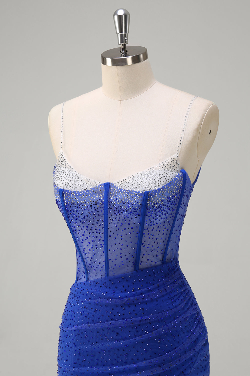 Glitter Royal Blue Spaghetti Straps Beaded Mermaid Long Corset Prom Dress with Slit