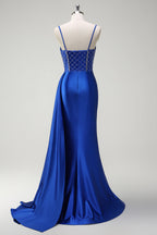 Glitter Royal Blue Satin Mermaid Spaghetti Straps Long Corset Prom Dress with Beading