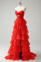 Orange Sweetheart Ruffled Long Prom Dress with Slit