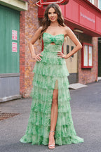 Green Floral A-Line Chiffon Tulle Long Prom Dress with Slit