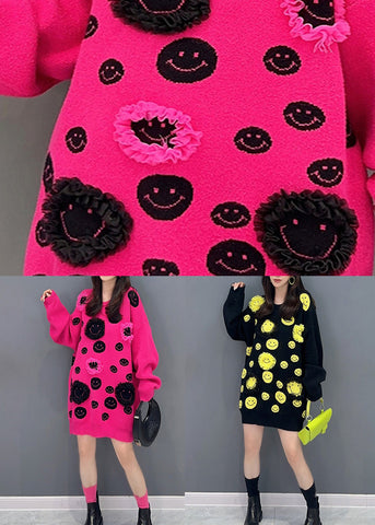 Schwarzer Patchwork-Strickpullover, mittellanges Kleid mit Rüschen, O-Ausschnitt, Herbst 