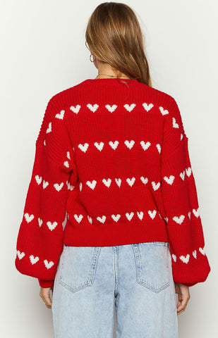 Suéter de punto con rayas de corazón rojo Lovey 