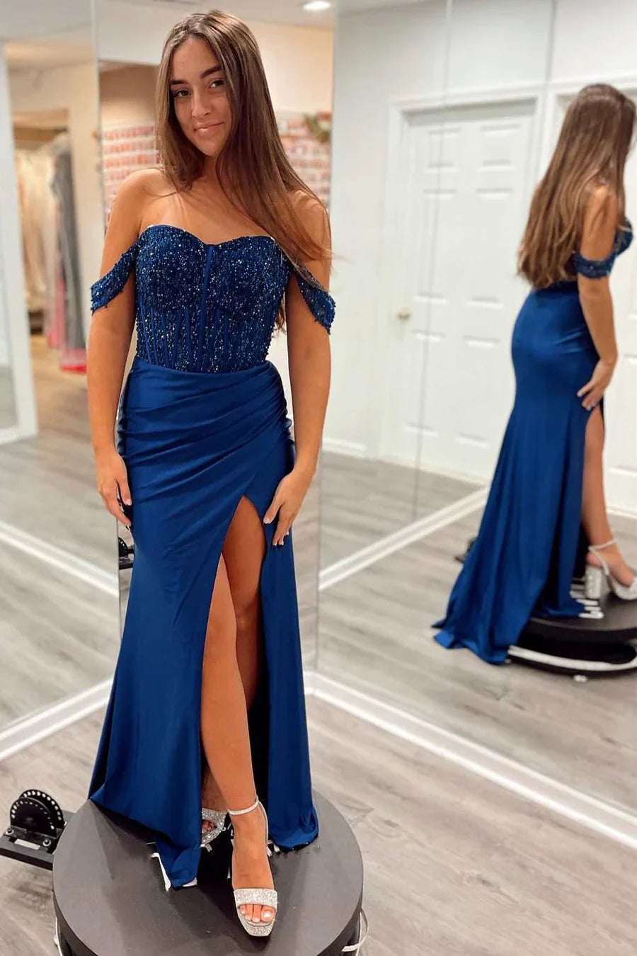 Off the Shoulder Satin Mermaid Long Corset Prom Dress with Sequins