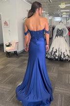 Off the Shoulder Satin Mermaid Long Corset Prom Dress with Sequins