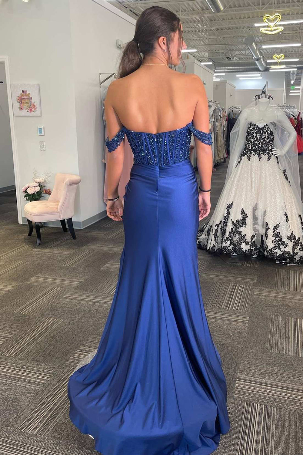 Off the Shoulder Satin Mermaid Long Corset Prom Dress with Sequins