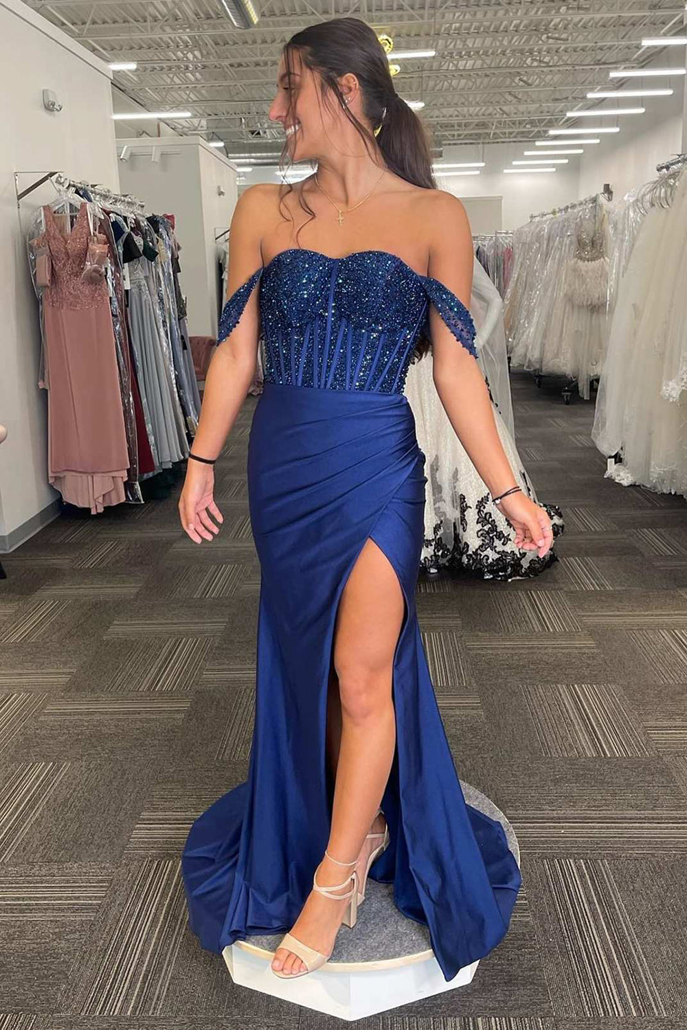 Off the Shoulder Satin Mermaid Long Corset Prom Dress with Sequins