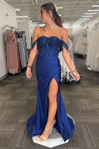 Off the Shoulder Satin Mermaid Long Corset Prom Dress with Sequins