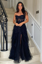 Blush Strapless A-Line Tulle Tiered Long Corset Prom Dress with Appliques