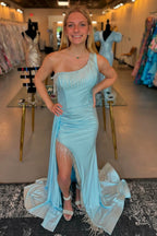 One Shoulder Satin Mermaid Long Prom Dress with Fringe