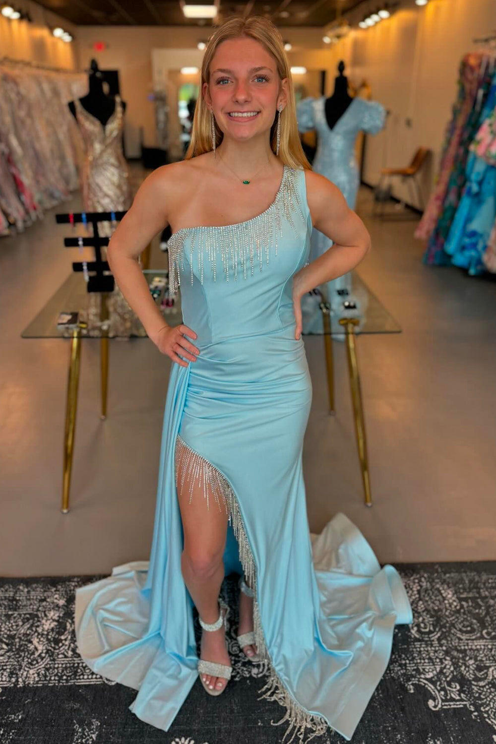 One Shoulder Satin Mermaid Long Prom Dress with Fringe
