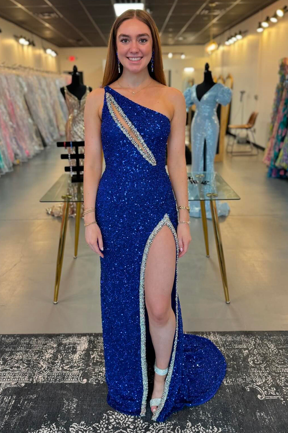 One Shoulder Sequins Cut-out Mermaid Long Prom Dress with Slit