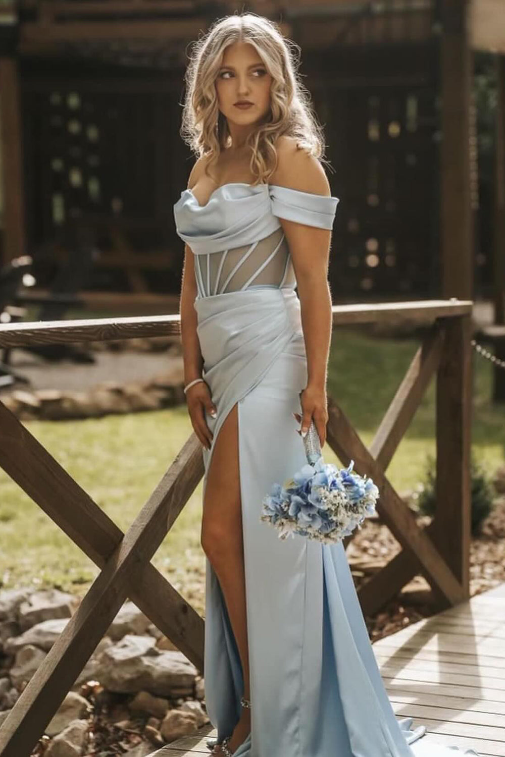 Off the Shoulder Satin Mermaid Long Corset Prom Dress with Slit