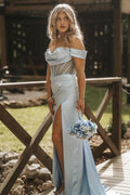 Off the Shoulder Satin Mermaid Long Corset Prom Dress with Slit