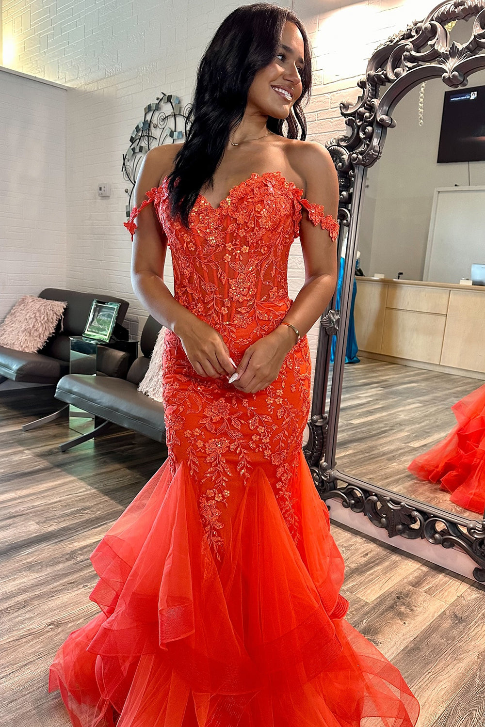 Off the Shoulder Mermaid Tiered Long Corset Prom Dress with Appliques