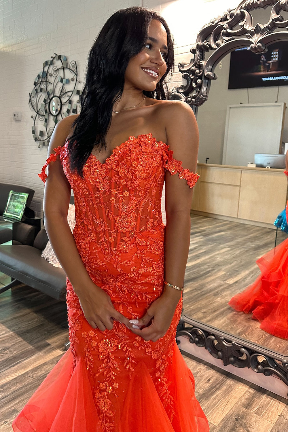 Off the Shoulder Mermaid Tiered Long Corset Prom Dress with Appliques