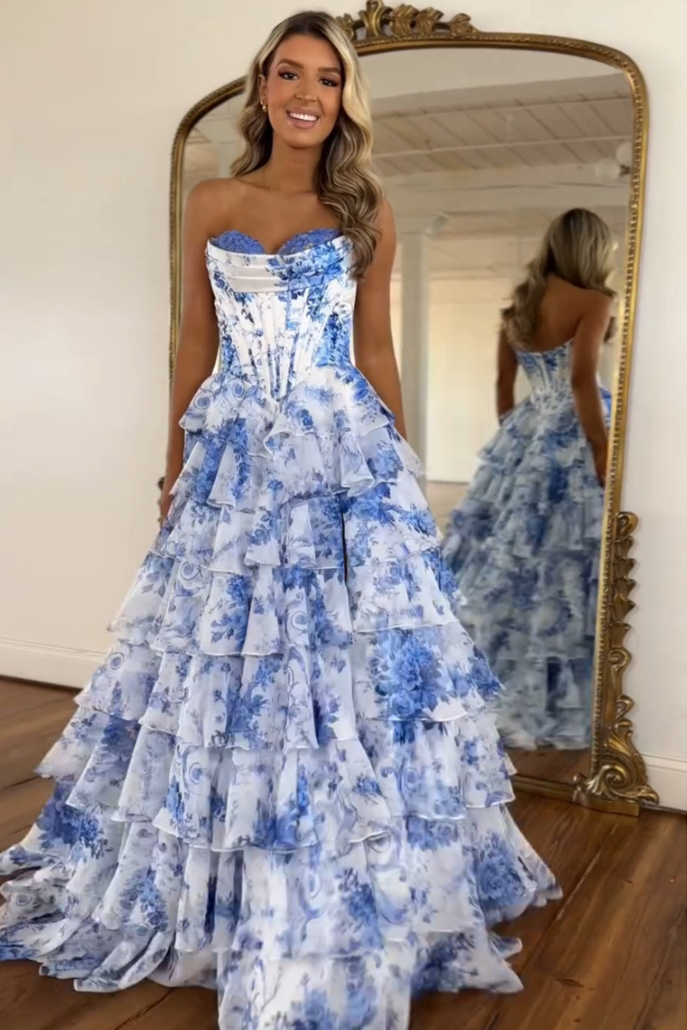 Blush Sweetheart A-Line Chiffon Floral Ruffled Long Corset Prom Dress with Slit