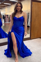 Mermaid Sweetheart Satin Long Corset Prom Dress with Beading