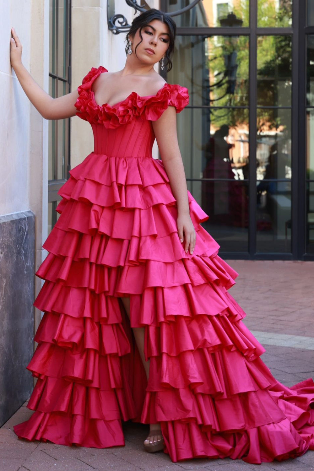 Off the Shoulder A-Line Satin Tiered Long Corset Prom Dress with Ruffles