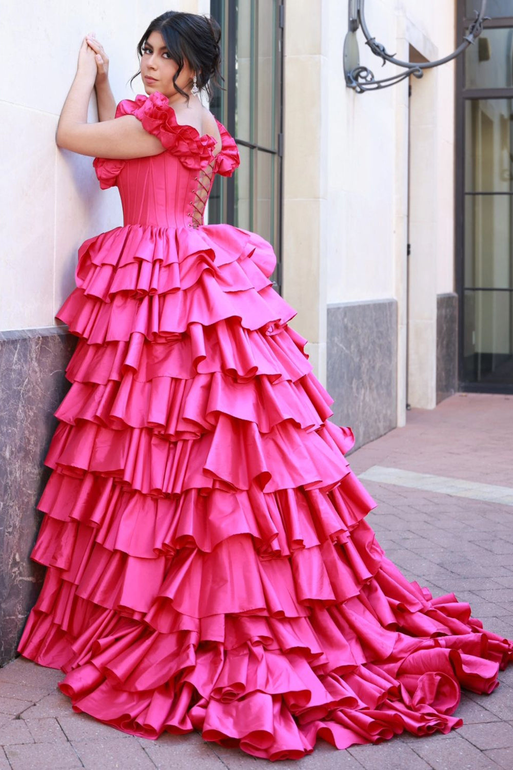 Off the Shoulder A-Line Satin Tiered Long Corset Prom Dress with Ruffles