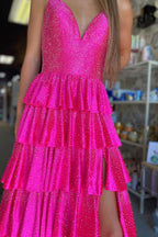 Glitter Spaghetti Straps A-Line Beaded Ruffled Long Prom Dress with Slit