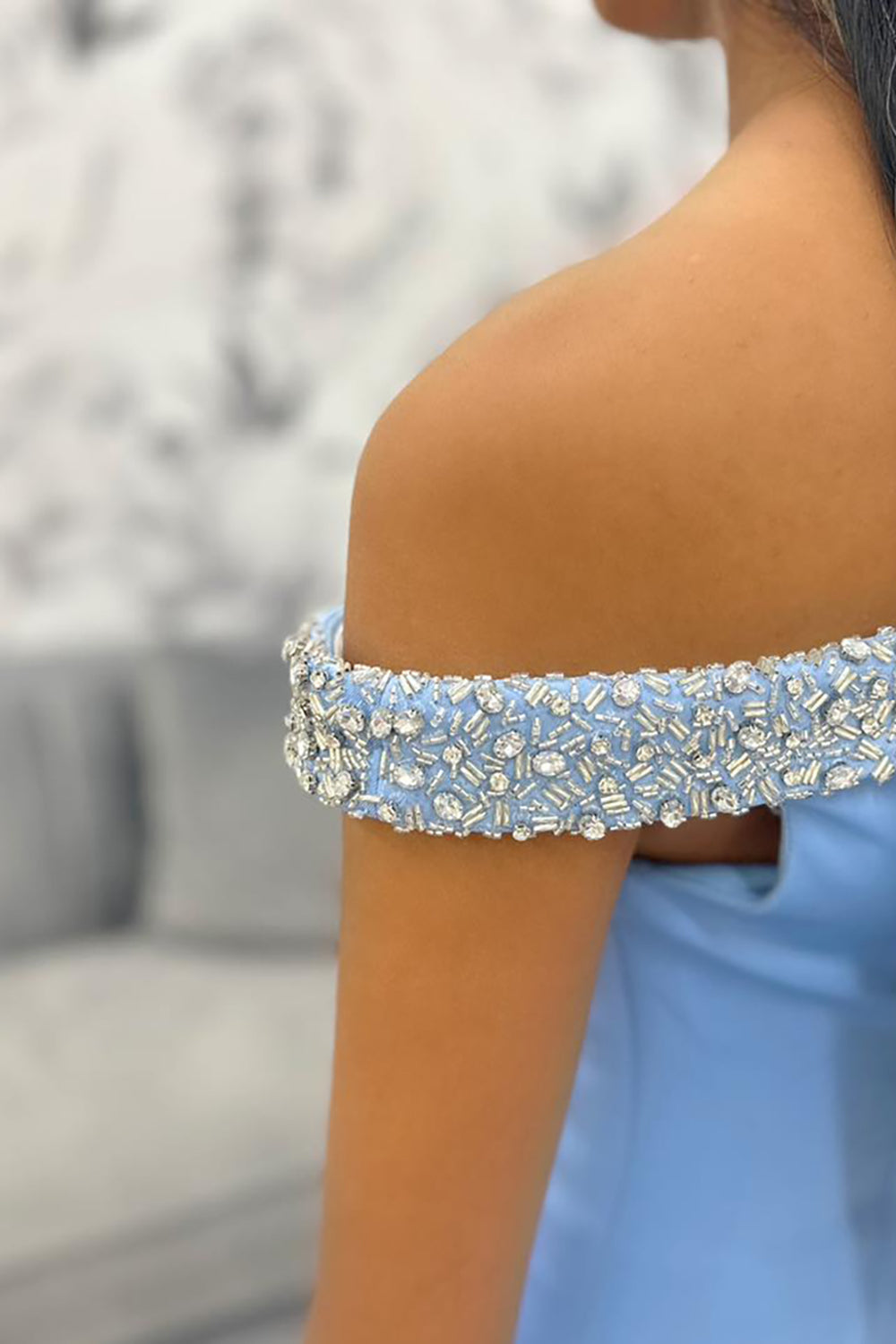 Schulterfreies, langes Meerjungfrauen-Abendkleid mit Perlenstickerei