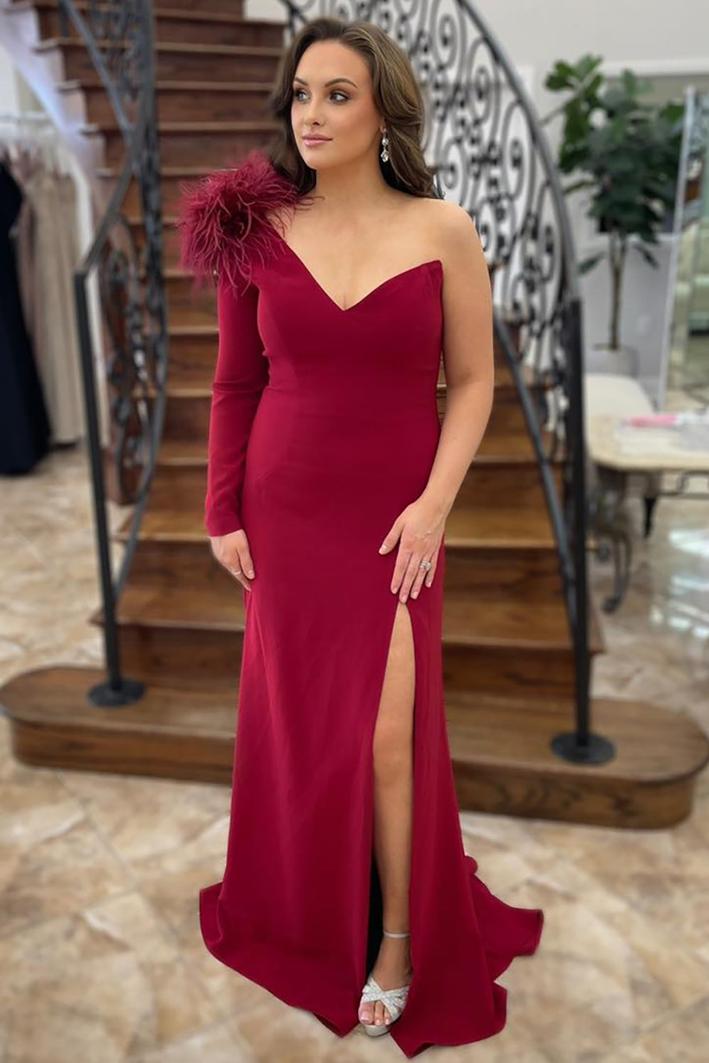 One Shoulder Mermaid Feather Long Prom Dress with Slit