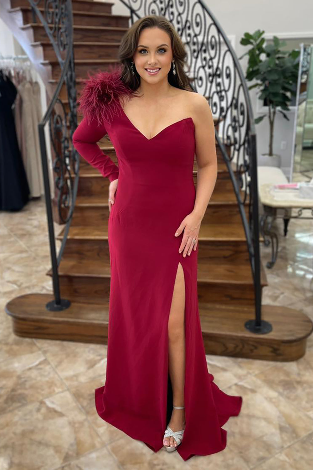 One Shoulder Mermaid Feather Long Prom Dress with Slit
