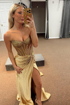 Golden Sweetheart Mermaid Beaded Long Corset Prom Dress with Slit