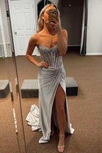 Golden Sweetheart Mermaid Beaded Long Corset Prom Dress with Slit