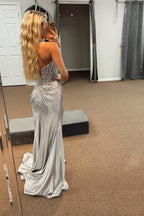 Golden Sweetheart Mermaid Beaded Long Corset Prom Dress with Slit