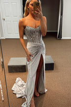 Golden Sweetheart Mermaid Beaded Long Corset Prom Dress with Slit