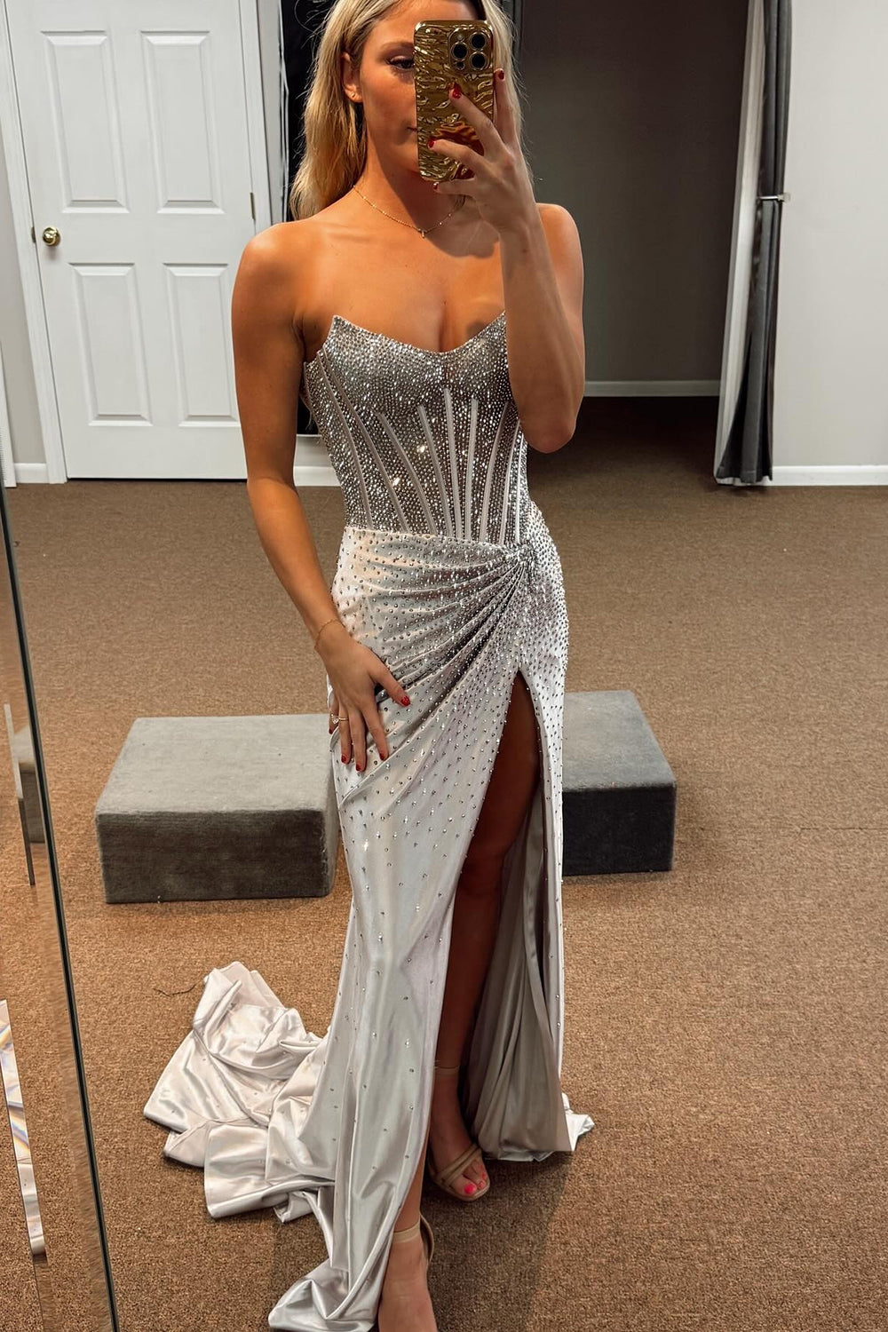 Golden Sweetheart Mermaid Beaded Long Corset Prom Dress with Slit
