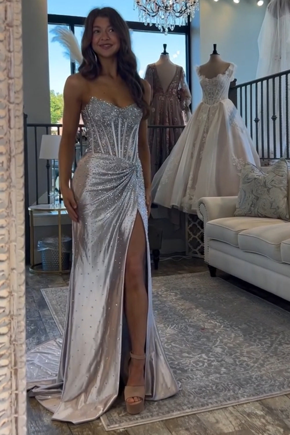 Golden Sweetheart Mermaid Beaded Long Corset Prom Dress with Slit