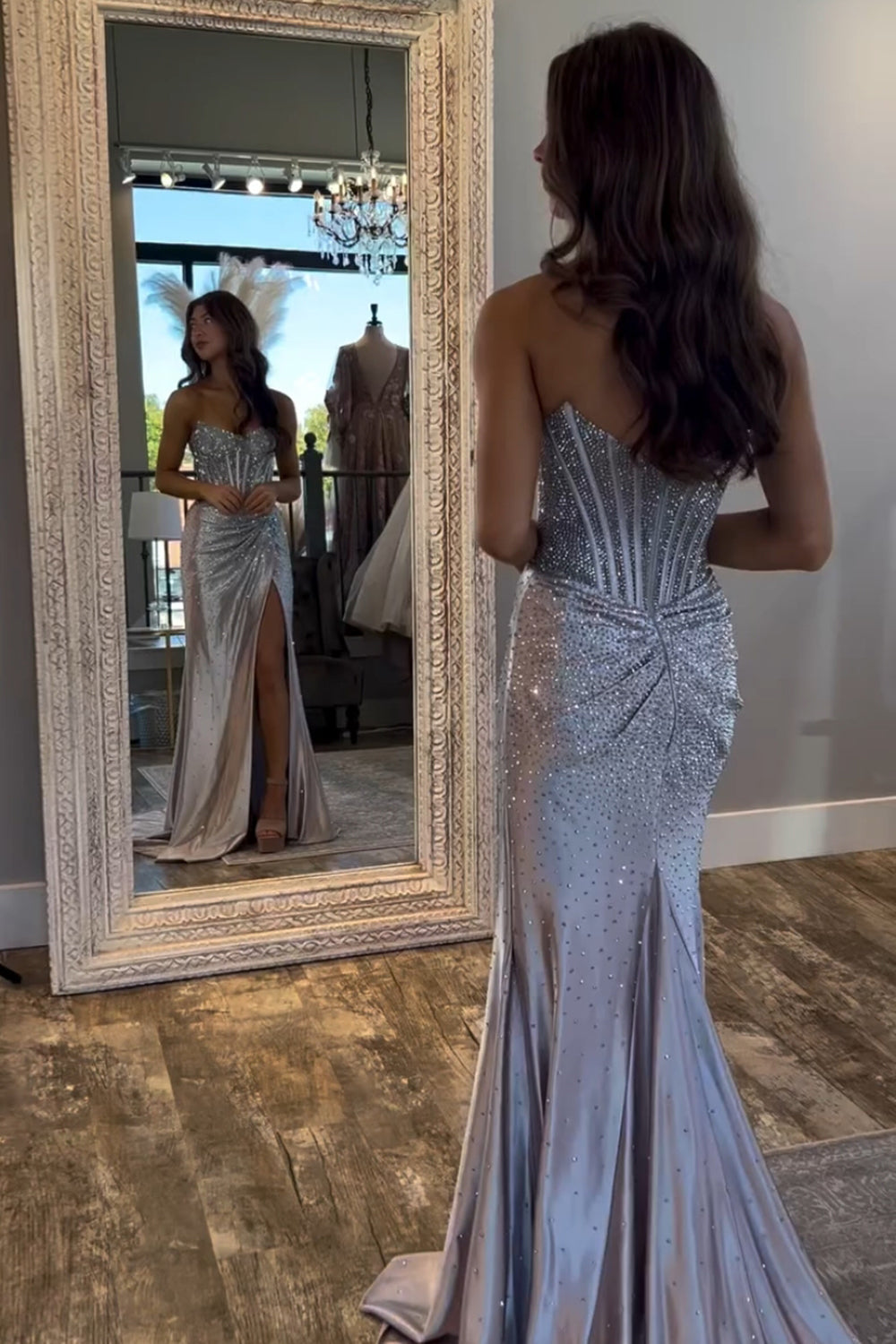 Golden Sweetheart Mermaid Beaded Long Corset Prom Dress with Slit