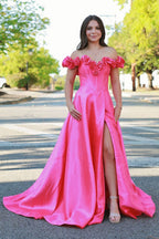 Schulterfreies, A-Linien-Abendkleid aus Satin mit langem Korsett und 3D-Blumen
