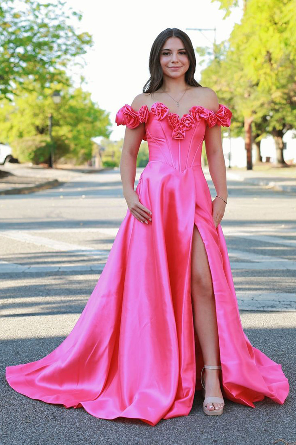Off the Shoulder A-Line Satin Long Corset Prom Dress with 3D Flowers