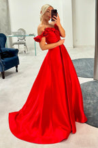 Schulterfreies, A-Linien-Abendkleid aus Satin mit langem Korsett und 3D-Blumen