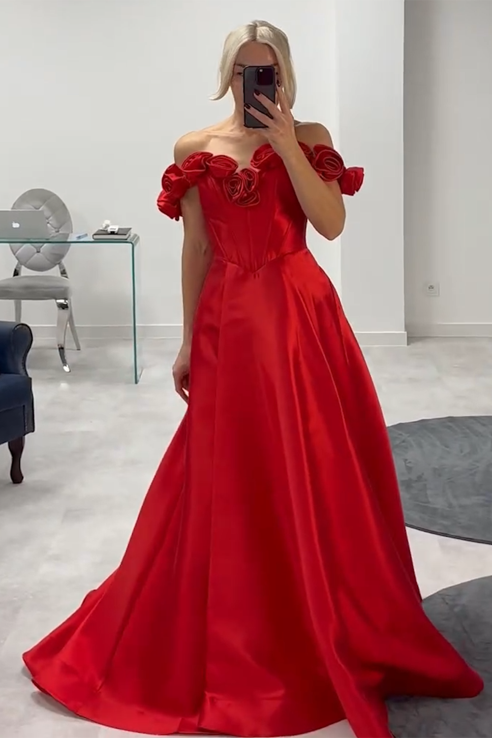 Off the Shoulder A-Line Satin Long Corset Prom Dress with 3D Flowers