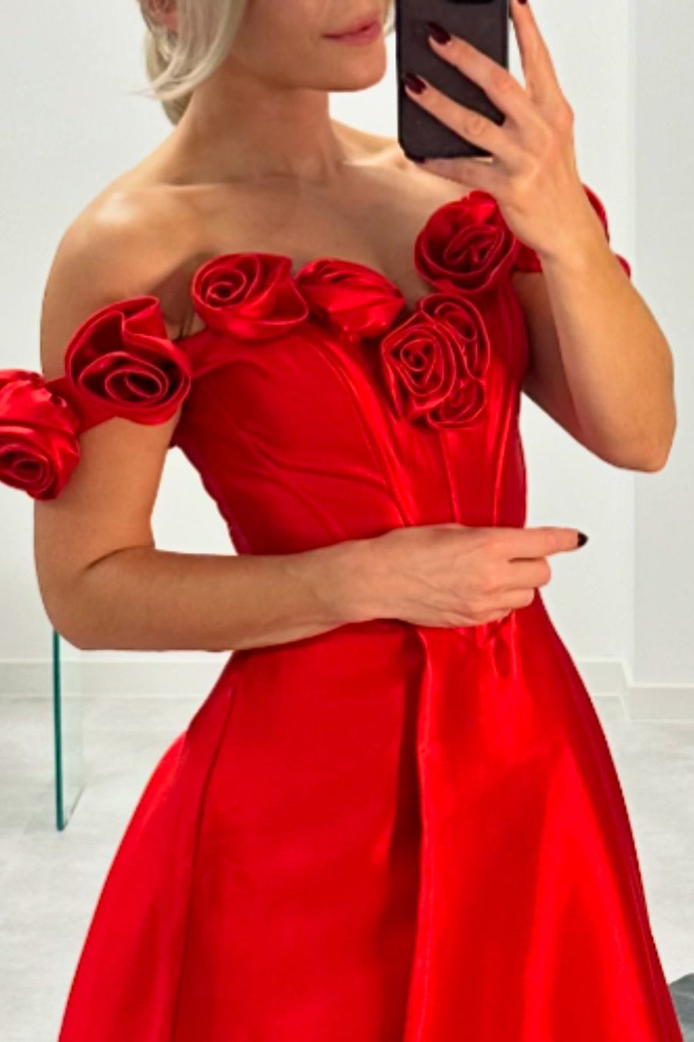 Off the Shoulder A-Line Satin Long Corset Prom Dress with 3D Flowers