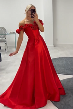 Schulterfreies, A-Linien-Abendkleid aus Satin mit langem Korsett und 3D-Blumen