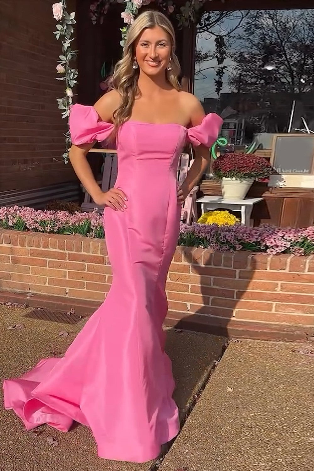 Mermaid Off the Shoulder Satin Long Prom Dress Puff Sleeves