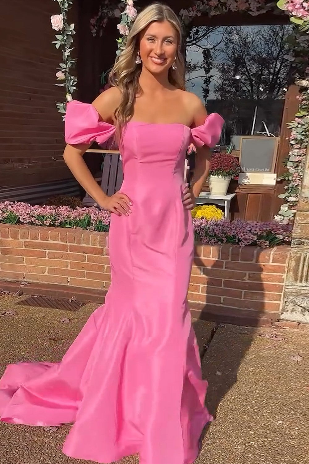 Mermaid Off the Shoulder Satin Long Prom Dress Puff Sleeves
