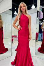 Langes, einseitig schulterfreies Meerjungfrauen-Abendkleid aus Satin mit offenem Rücken