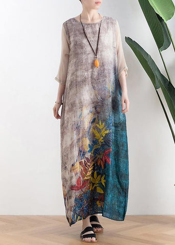 Retro style silk dress linen dress gray leaf print loose simple tie waist dress