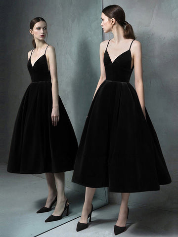 Vestido de terciopelo con escote en V y tirantes finos, espalda en V, para fiesta de graduación, midi 
